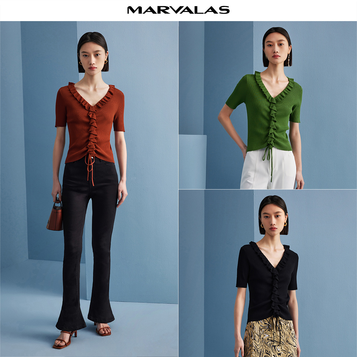 【婷婷专属】曼德诗V领针织荷叶边短袖弹力收腰打底衫M733101487