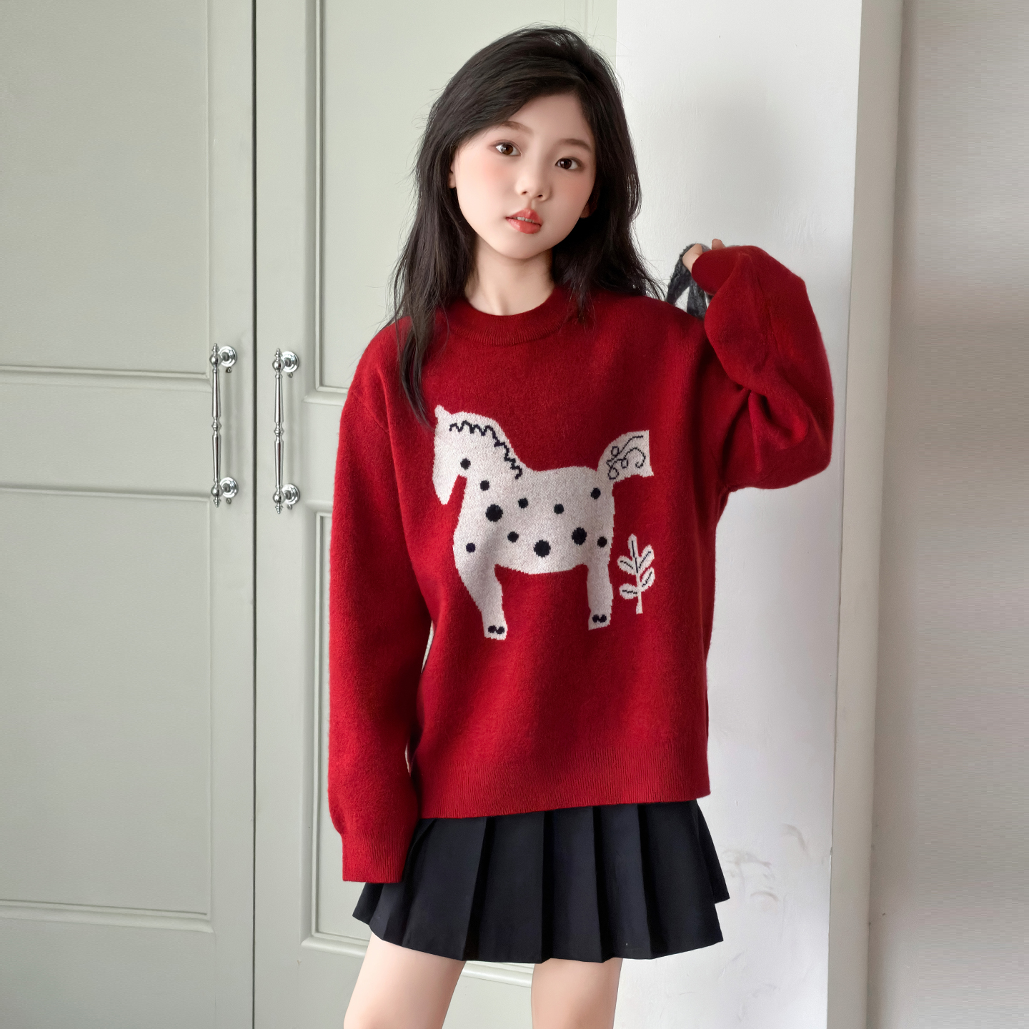 女童红色小马毛衣2025新款冬季大童圣诞上衣加厚针织衫拜年服洋气