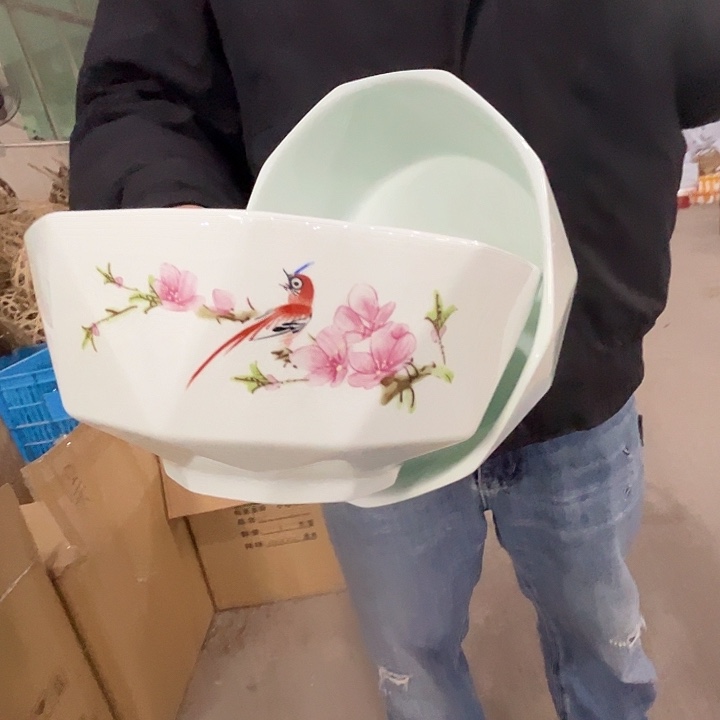 瓷片景德镇陶瓷水点桃花绿嘻嘻钻石8寸大碗2只