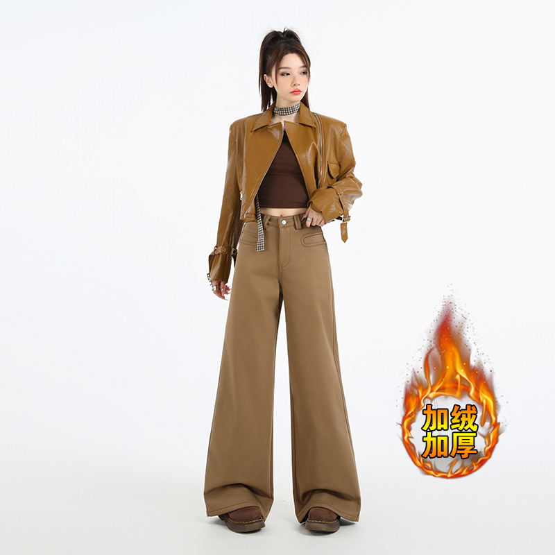 Uki美拉德穿搭加绒休闲裤女秋冬宽松直筒垂感潮流拖地阔腿裤