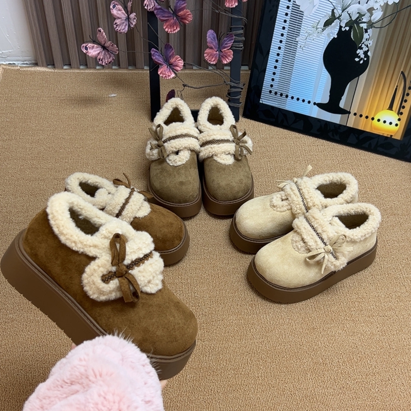 棉鞋女冬季2025新款百搭蝴蝶结小个子厚底加绒保暖一脚蹬勃肯鞋女