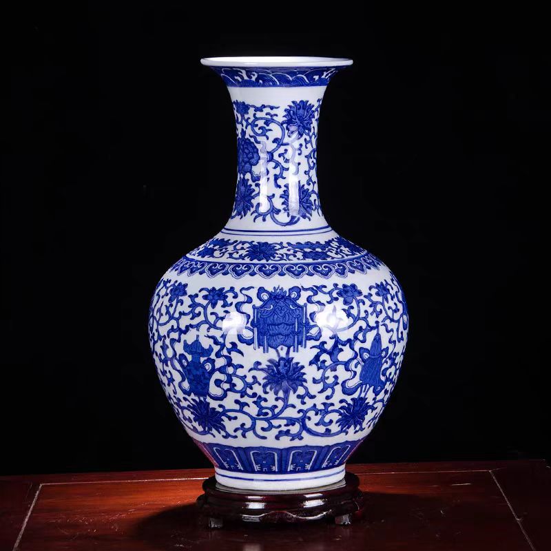 景德镇陶瓷花瓶青花缠枝莲八宝赏瓶高度33cm