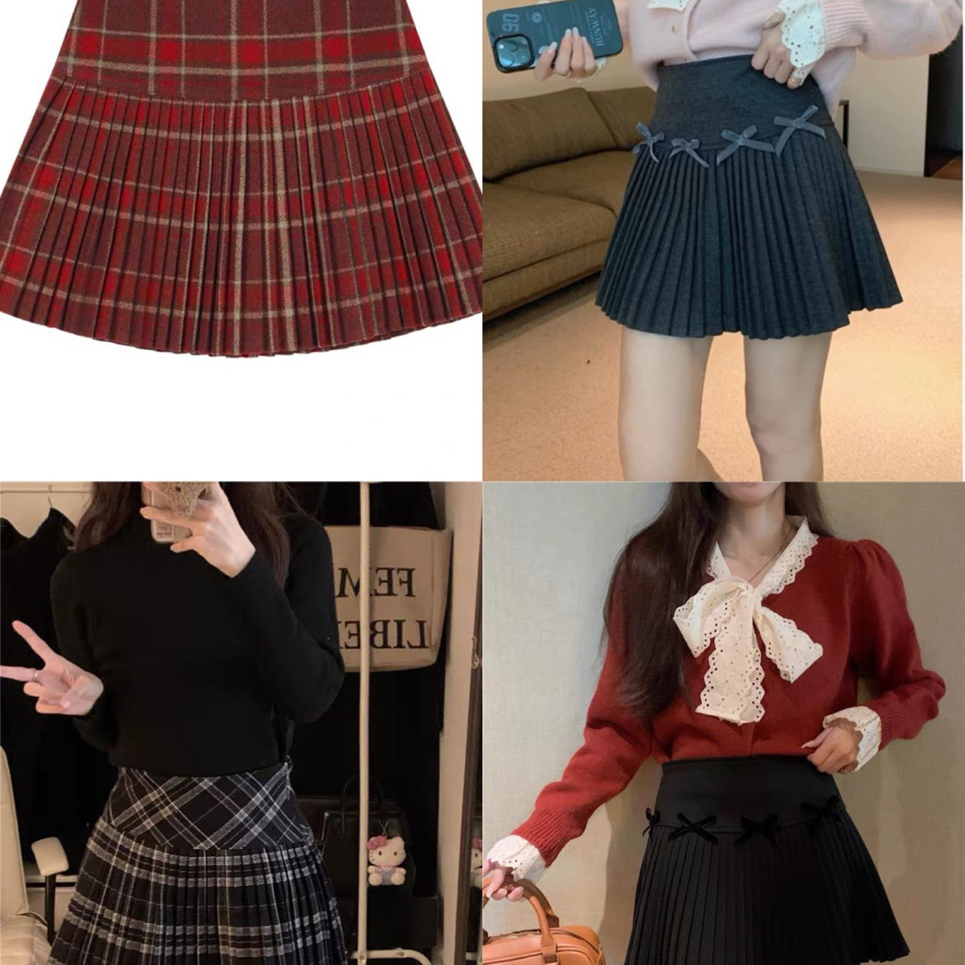 【安心推荐】蝴蝶结半身裙百搭秋冬显瘦新款针织百褶裙甜美高腰短裙