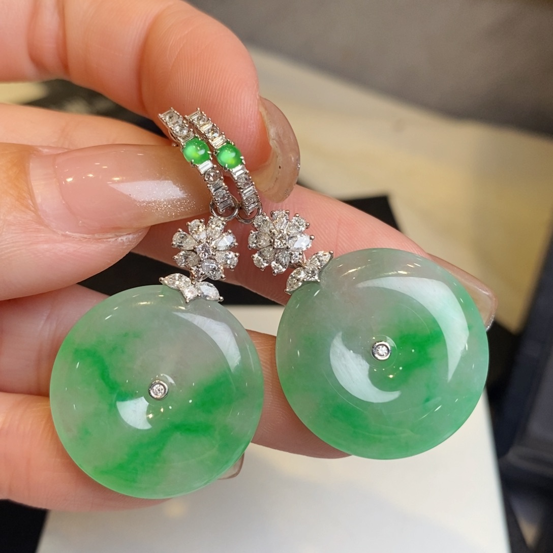 翡翠耳饰18K金镶嵌平安扣耳环吊坠两用款