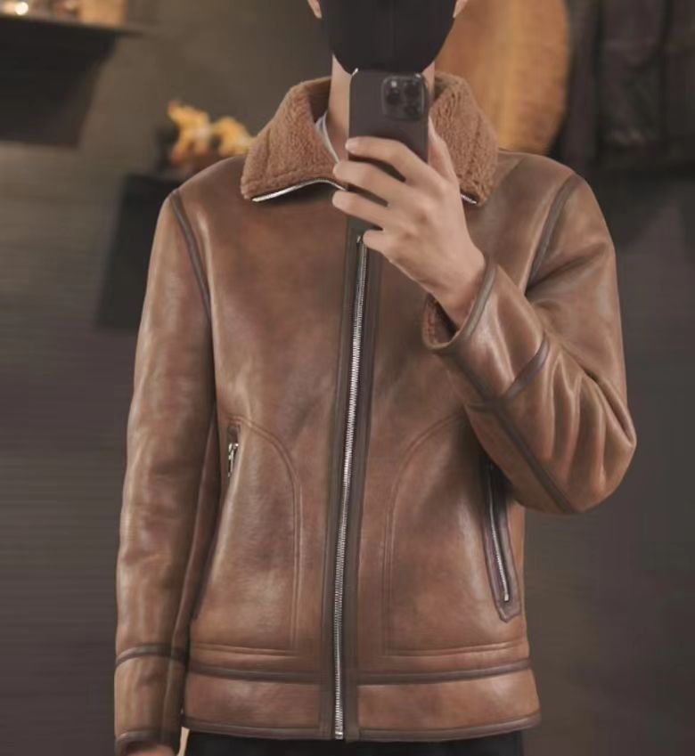 100%羊毛一体秋冬复古休闲保暖时尚机车服皮夹克男装外套 2501
