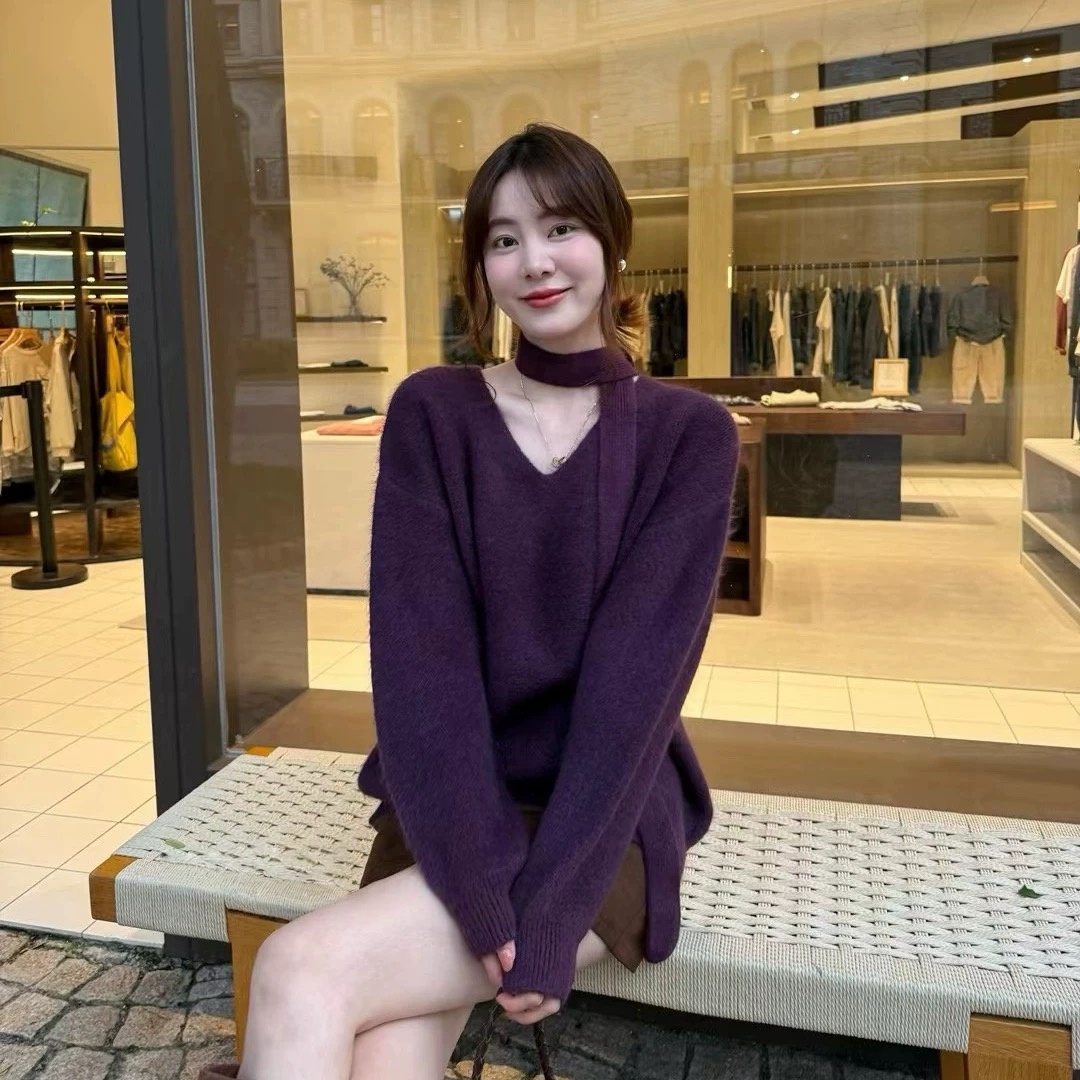 许我耀眼法式温柔风气质v领飘带软糯针织衫秋冬女慵懒风加厚毛衣