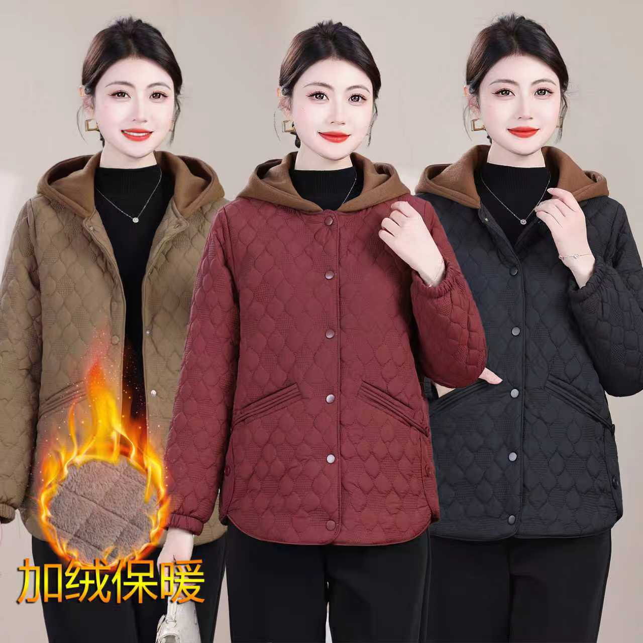 冬季加绒加厚时尚百搭连帽棉衣妈妈休闲外套