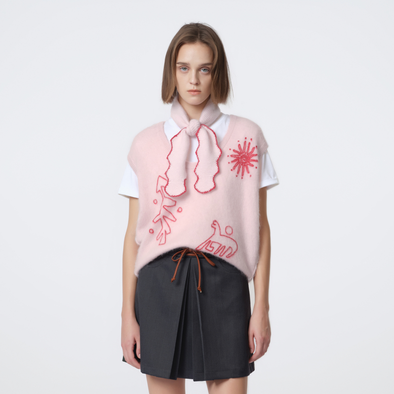 IIIVIVINIKO 2026SS"双面织结构"马海毛线绣背心M611206649A