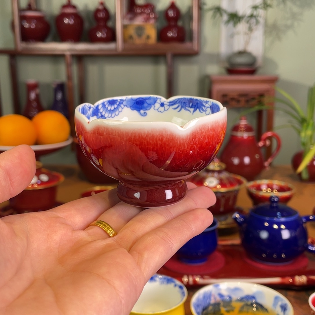 清欢雅玩原矿郎红福利内绘蝶恋花花口禅定杯