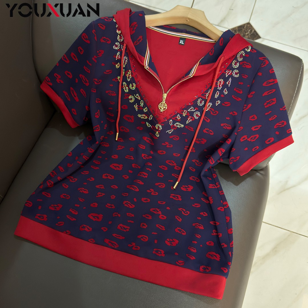 春夏季新品女士短袖连帽休闲T恤上衣女装时尚小衫卫衣6183