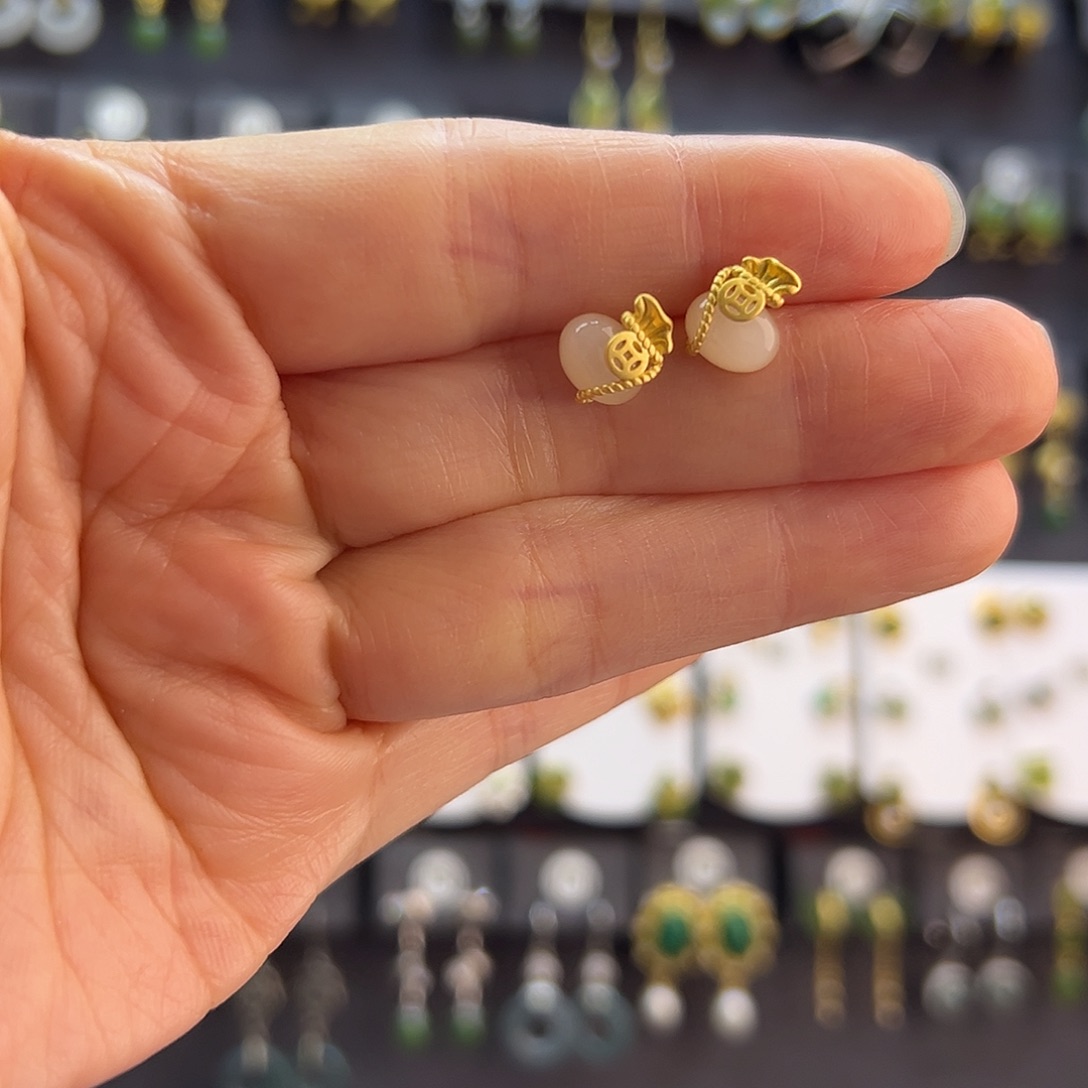 和田玉未镶嵌耳饰通体纯银天然和田玉福袋耳钉