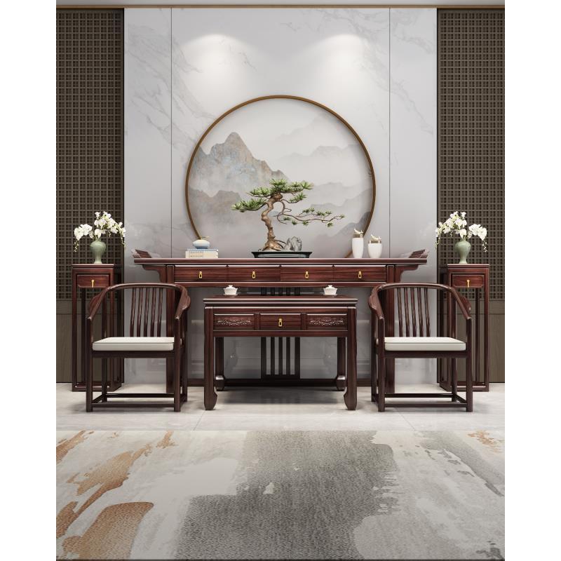 乌金色新中式中堂轻奢古典实木农村客厅堂屋家具条案四件六件套