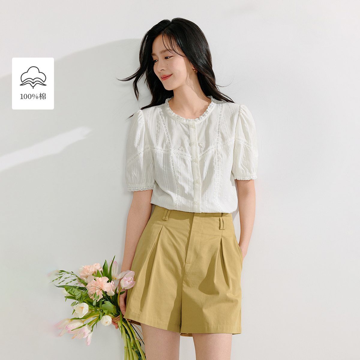 茵曼2025夏季新款女装白色舒适时尚休闲简约简约短袖衬衫女款
