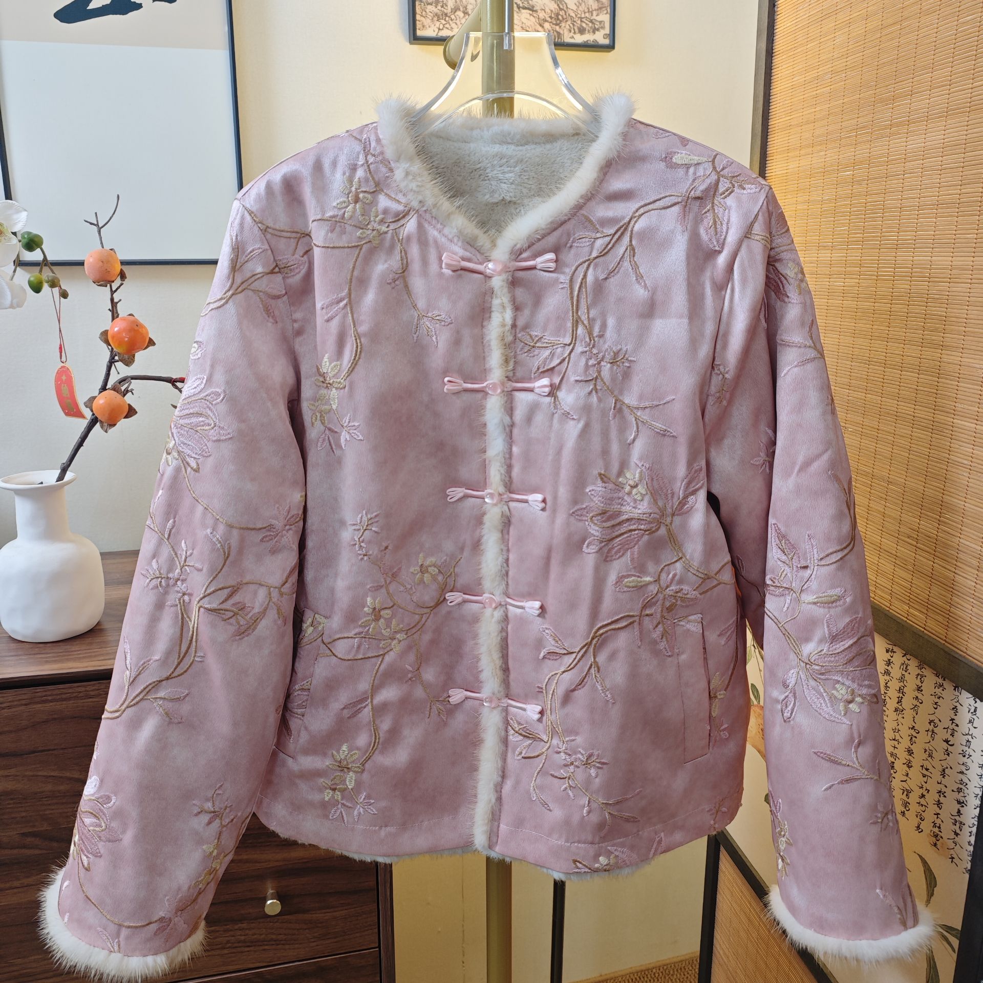 短外套宽松型新中式保暖冬季提花立领加厚厚款中国风