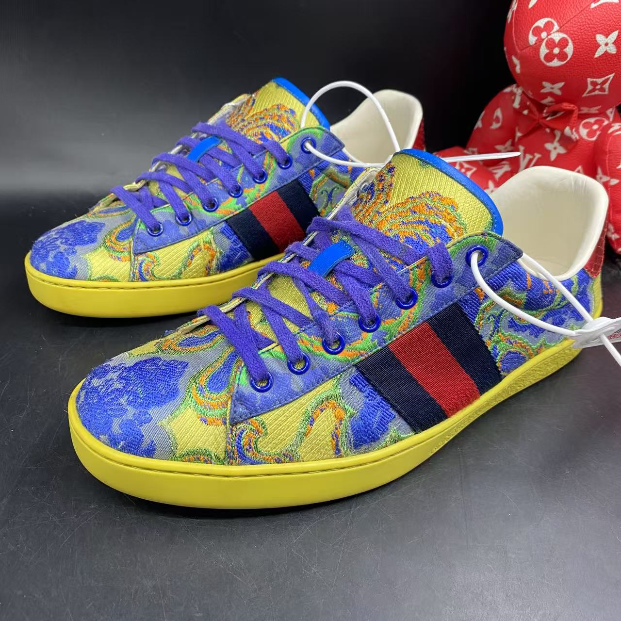 95新 GUCCI/古驰 ACE男士黄蓝扎染简约舒适板鞋42.5欧码ddm1984