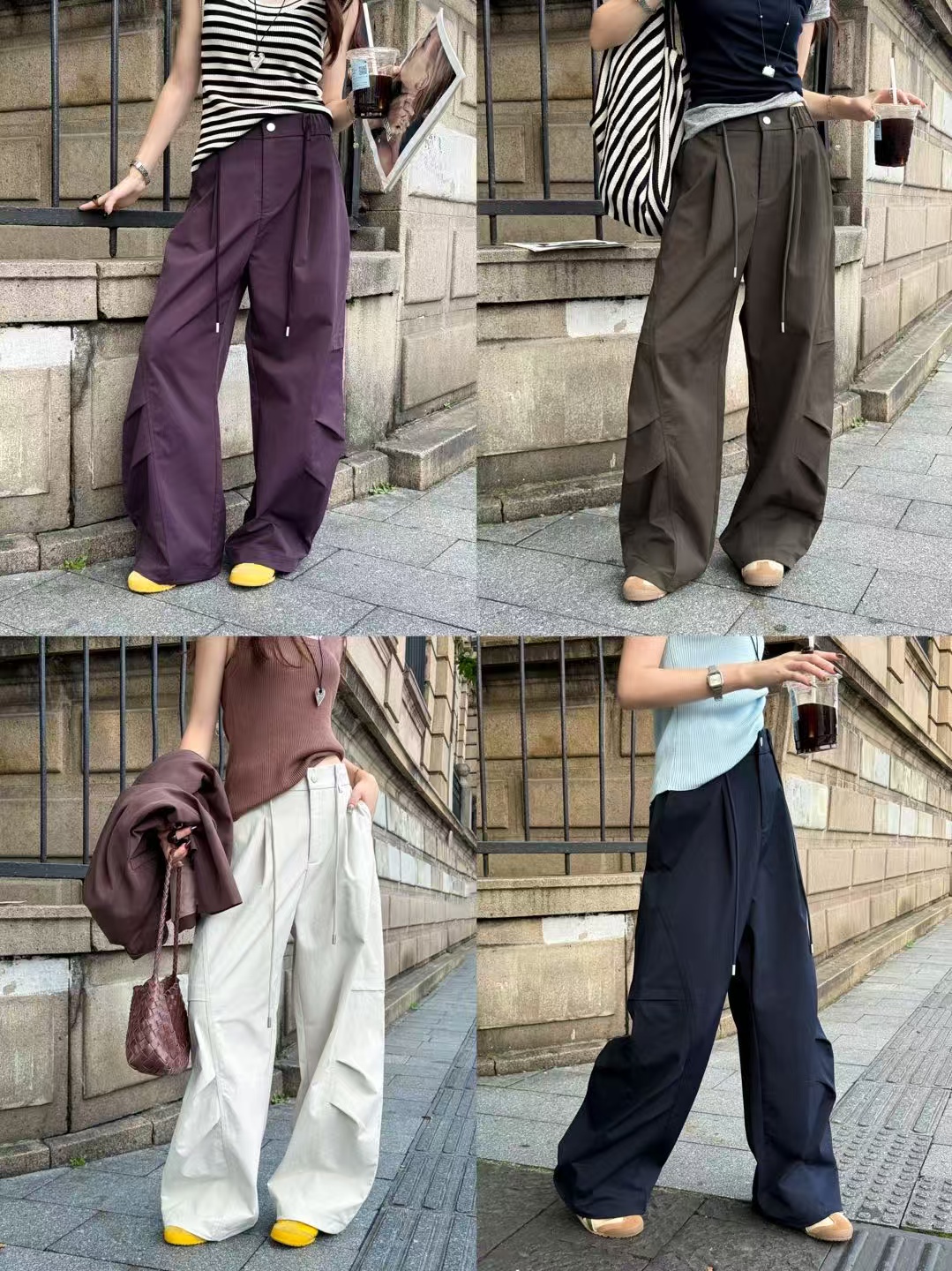 早秋简约通勤百搭半松紧腰抽绳工装裤H9860