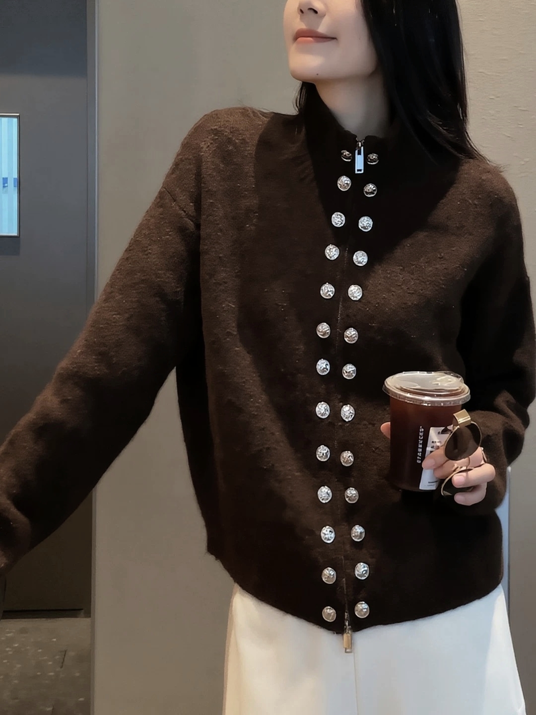 3253 祺欣家 法式立领双排装饰扣拉链宽松慵懒风高级感针织开衫