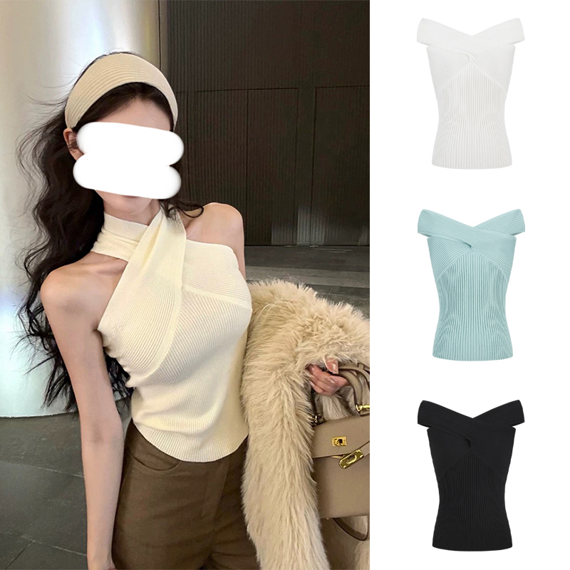  MosesQueen/魔西女王辣妹交叉挂脖针织背心修身显瘦打底上衣INS
