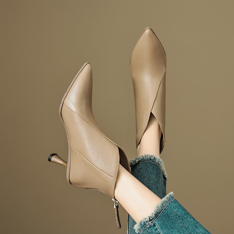 软羊皮3-6cm 加厚鞋底舒适高跟短靴女秋冬中低跟气质简约百搭靴子