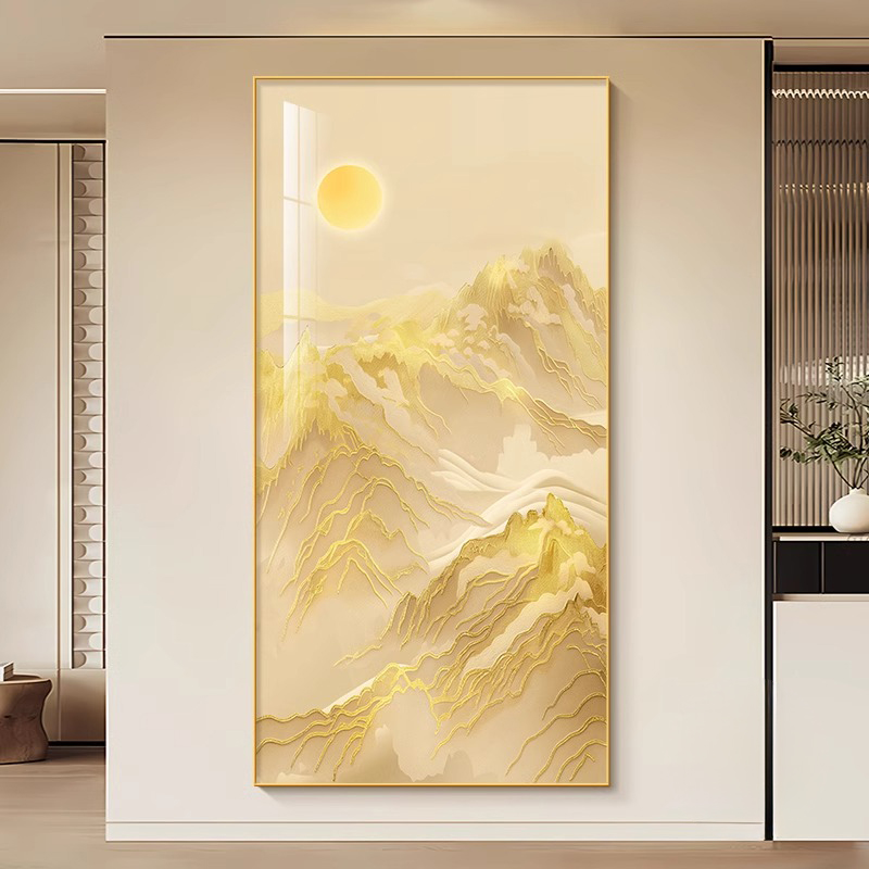 日照金山玄关装饰画现代简约高档金箔楼梯间挂画背有靠山客厅壁画