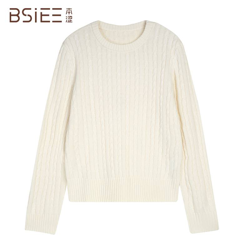 BSIEE/本涩圆领绞花套头毛衣圆领针织长袖白色百搭