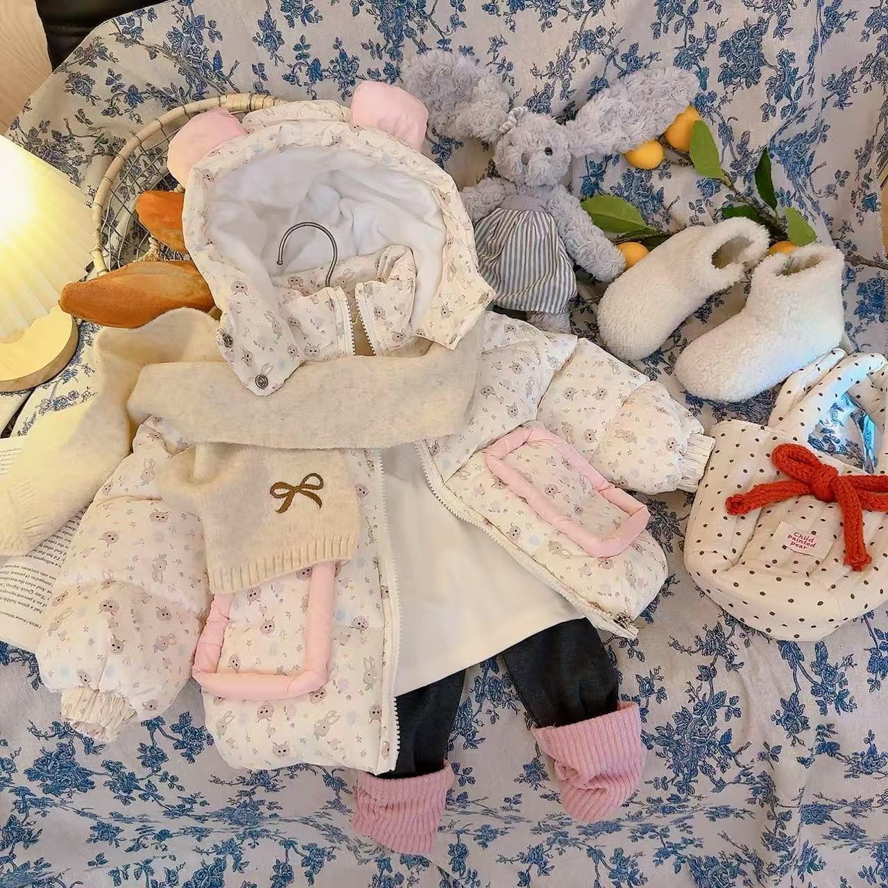 DD儿童碎花可爱耳朵加厚加绒保暖儿童棉服男女宝宝外套冬季洋气