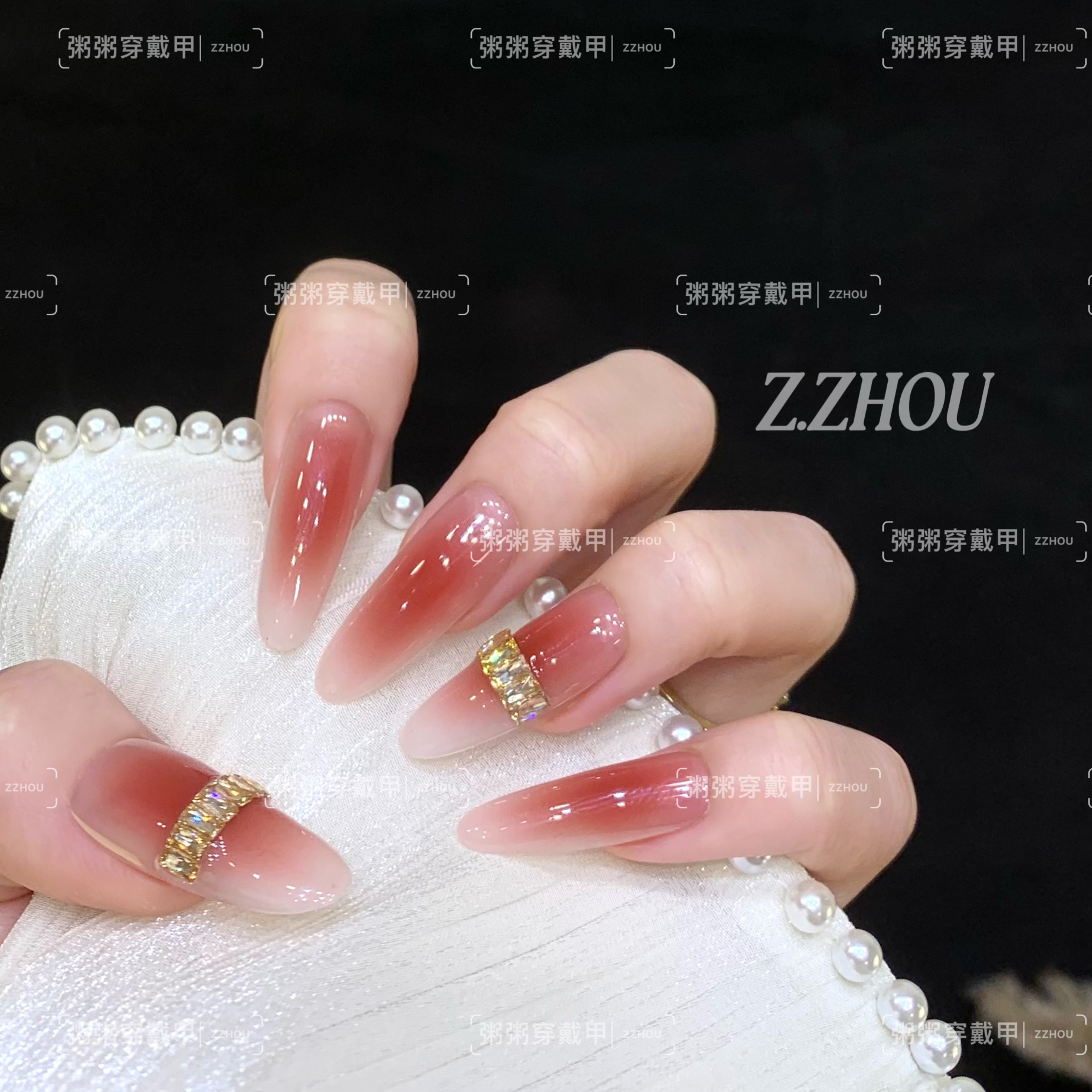 甜心蜜桃 手工穿戴甲腮红气质高级镶钻显白光疗美甲可拆卸穿戴甲