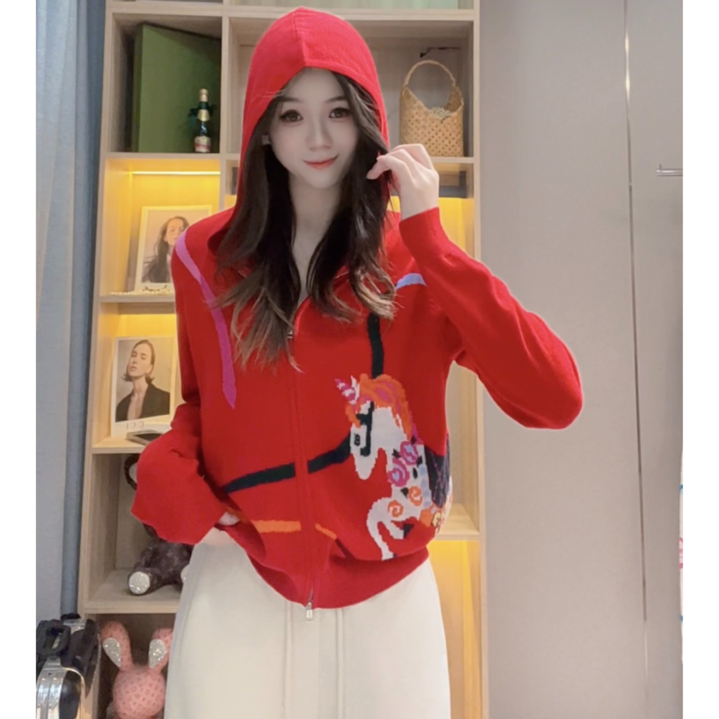  JL【撞色七彩小马连帽桑蚕丝羊毛 】2026春季新款长袖针织上衣外套