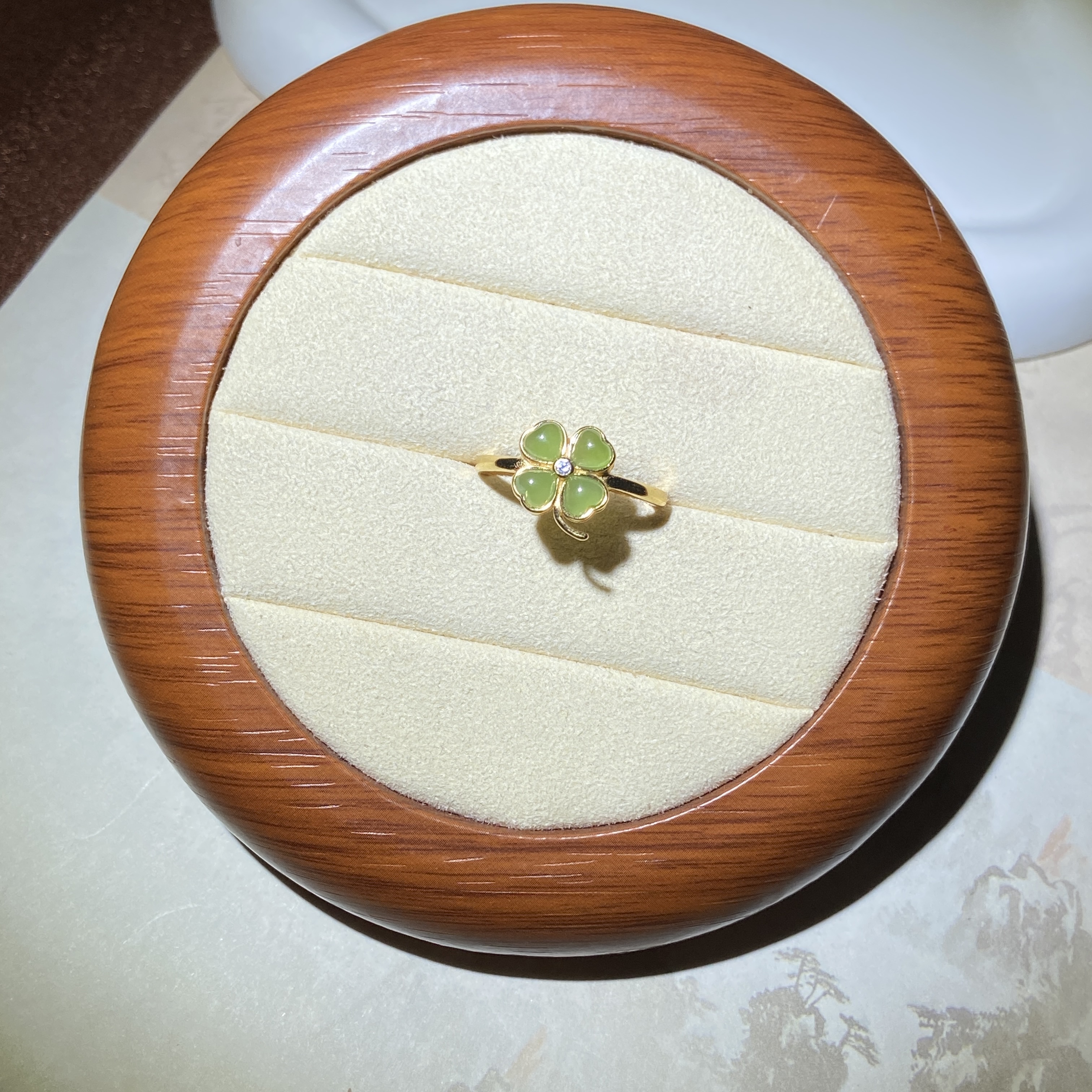 JZ61001 S925银镶和田玉碧玉四叶草戒指