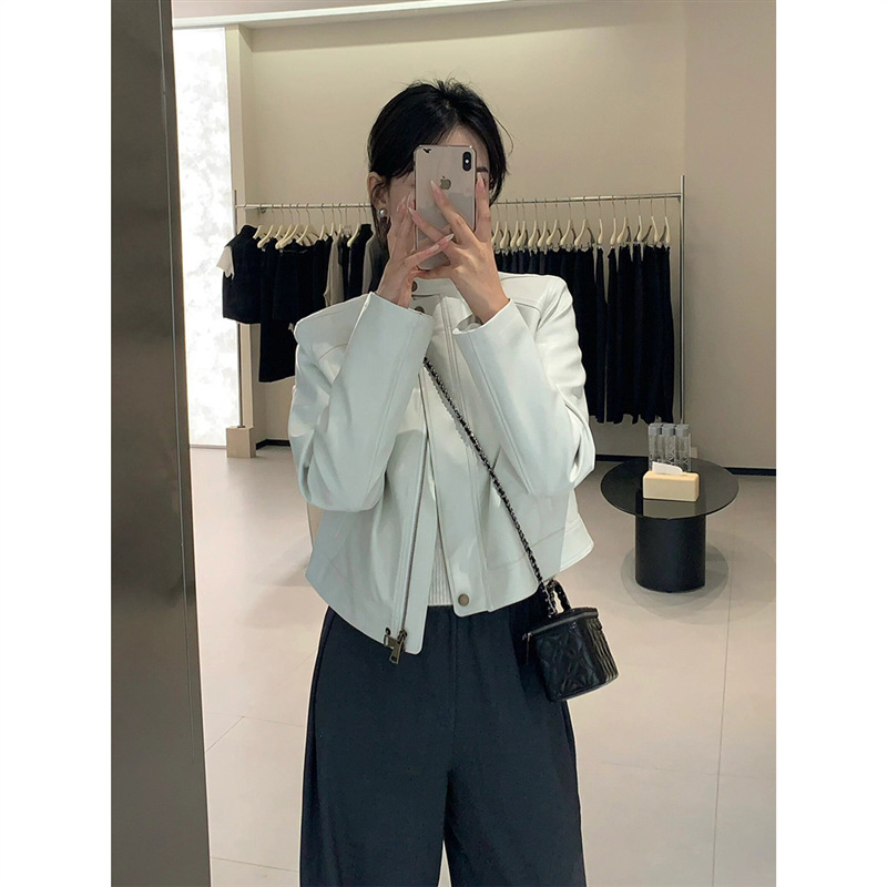 秋季小个子高级感小香风白色廓形小众设计皮衣夹克外套女2025新款