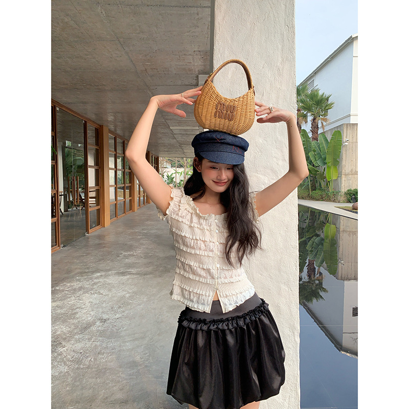 2025夏季法式别致木耳边褶皱短袖修身上衣女S5039