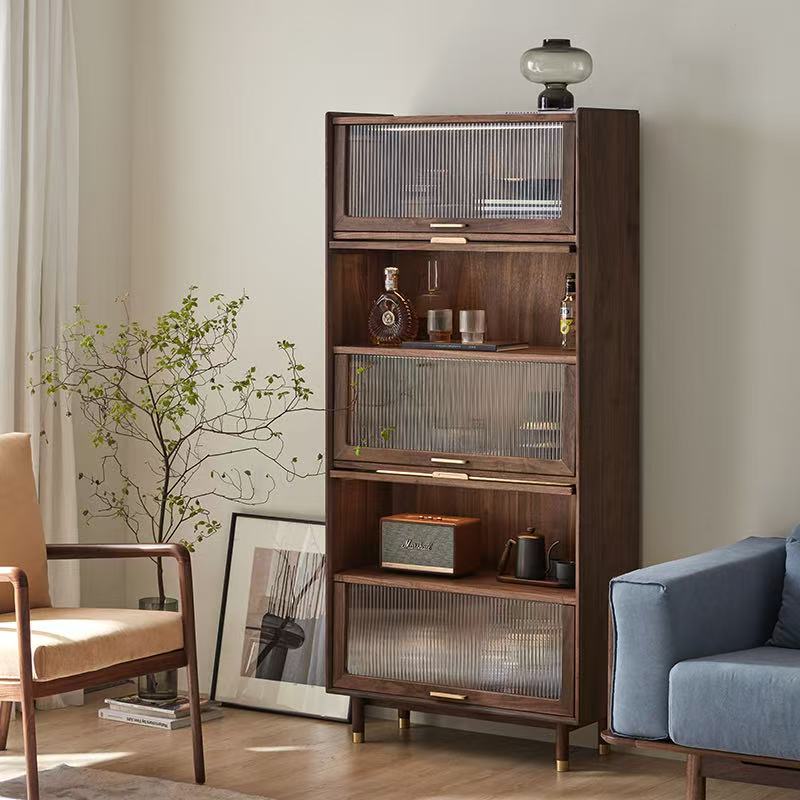 留意北欧简约实木书柜架黑胡桃带玻璃门客厅日式展示柜靠墙置物柜