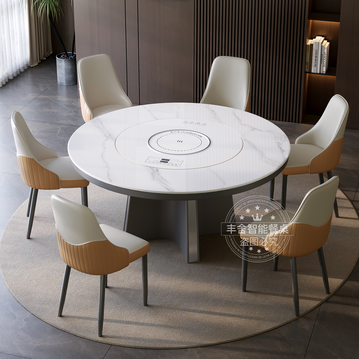 新款岩板餐桌现代简约轻奢家用暖菜电磁炉带转盘饭厅10人圆形桌子