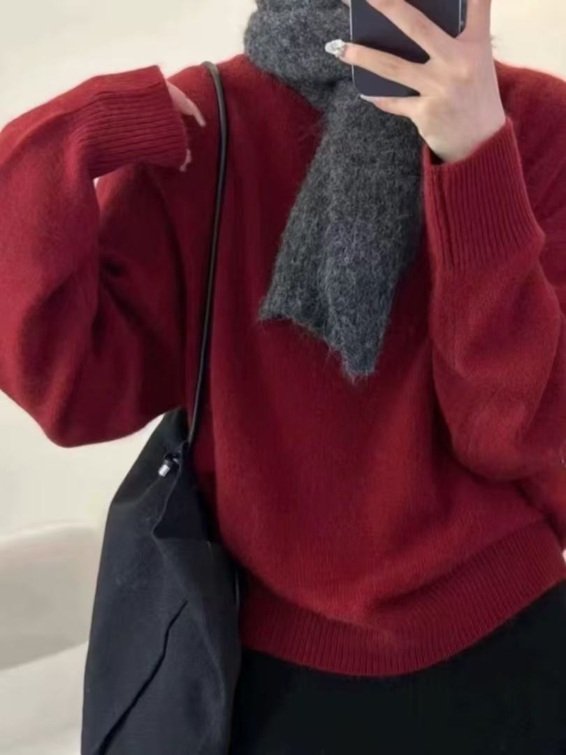 女厚款水洗纯色网红圆领常规款衫加厚高领毛红色