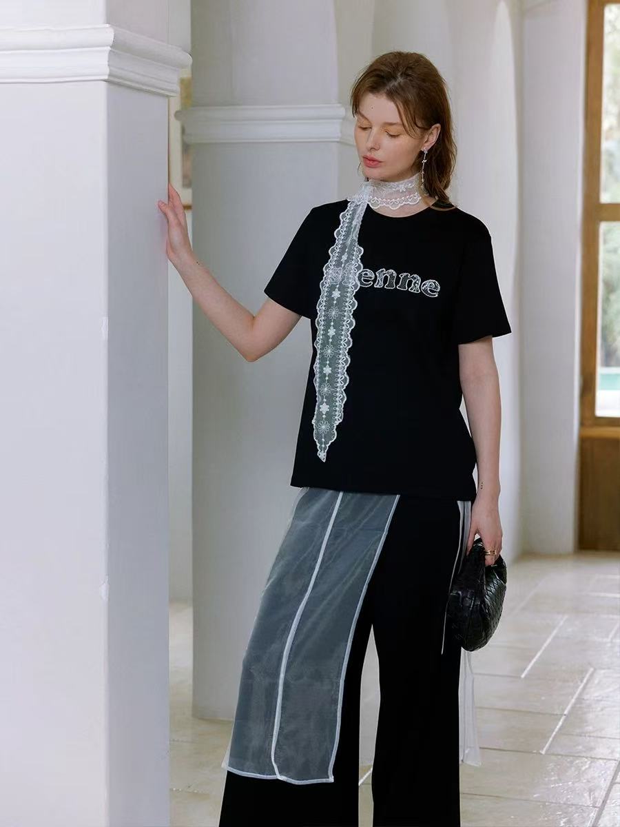 B02 XMSG设计感圆领短袖配丝巾T恤女显瘦内搭减领打底上衣女XH