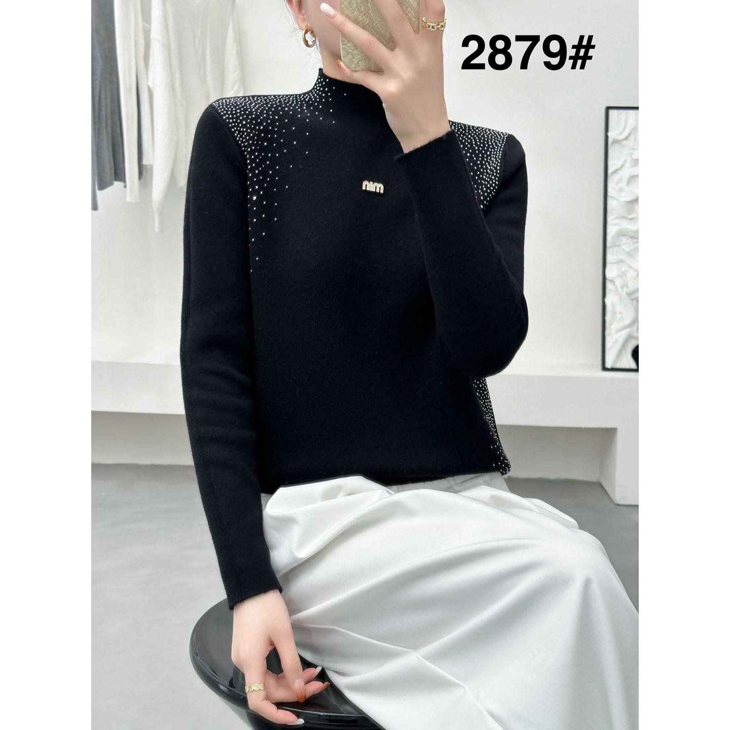 2879秋冬新款韩版宽松显瘦半高领烫钻针织打底衫女毛衣内搭上衣