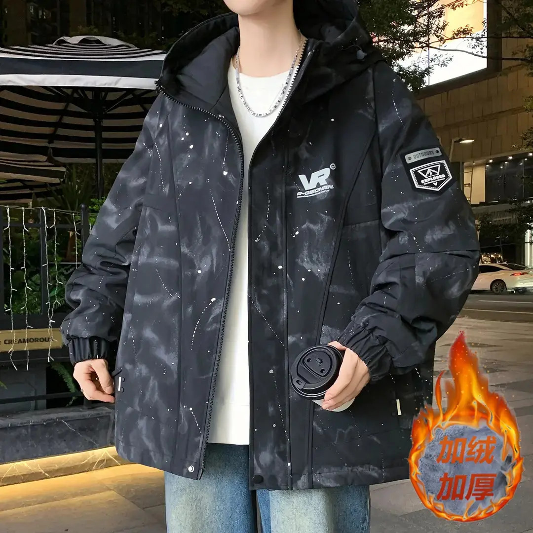 派克服加绒加厚青少年外套秋冬新款百搭休闲学生保暖连帽夹克男装