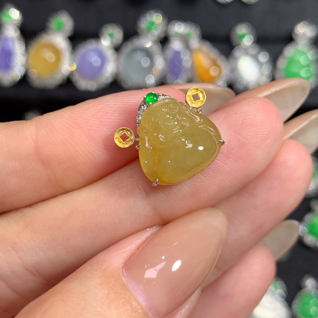 翡翠18K金镶嵌吊坠(赠链)冰油黄财神