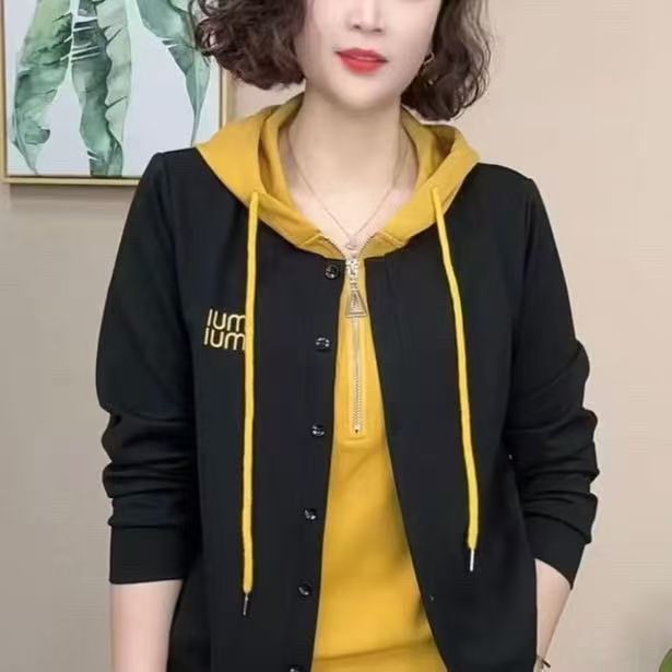 常规款长袖拼接中老年女装刺绣百搭开衫连帽