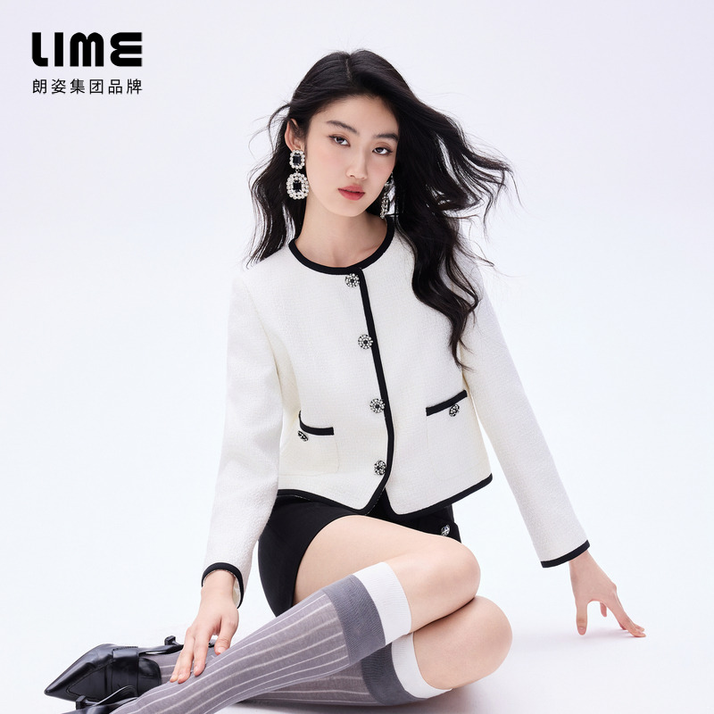 LIME/莱茵【时光律动】撞色圆领羊毛花呢短外套本白色LDHADBWCJ802