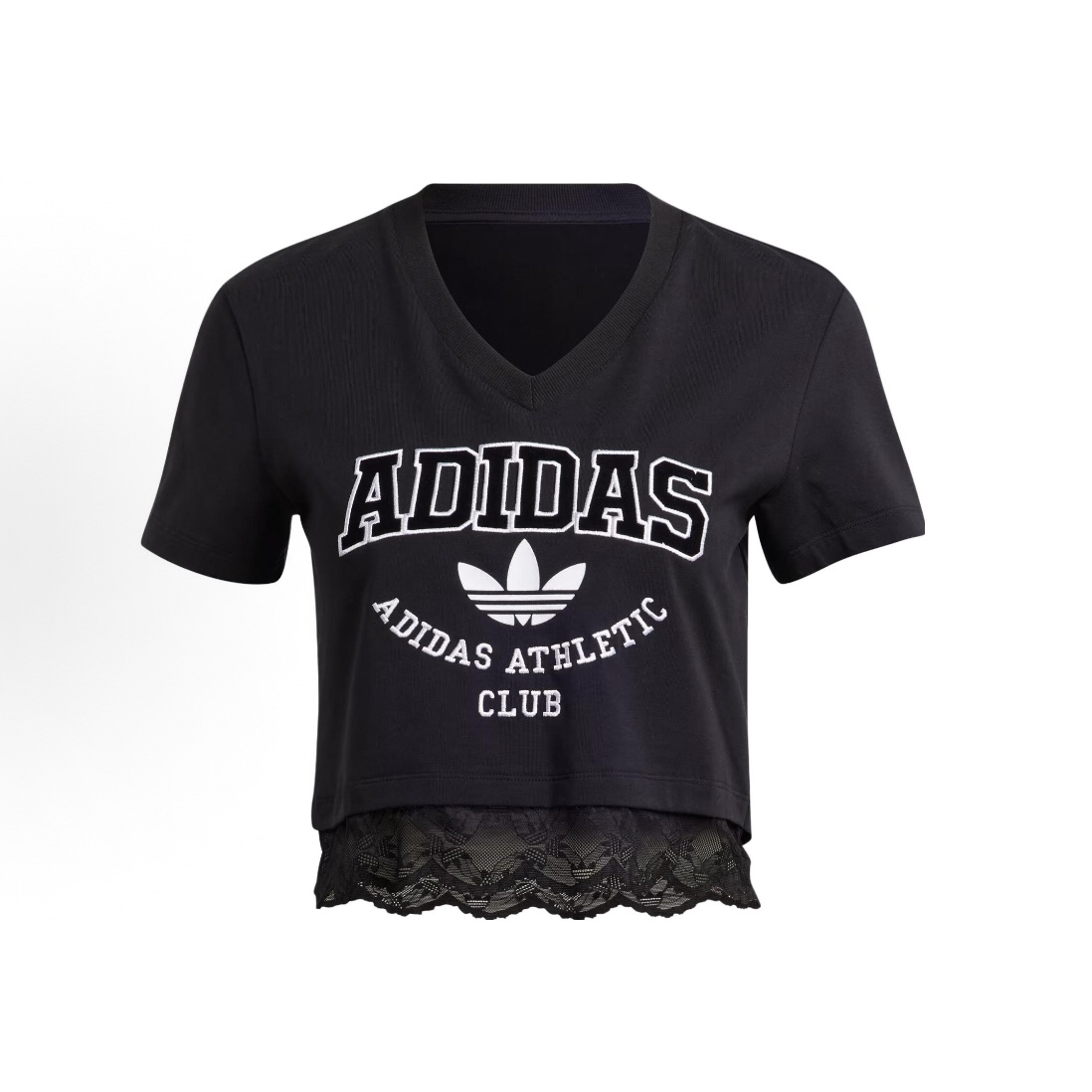 adidas originals三叶草字母刺绣V领短袖 T恤 女款 黑色IL2417