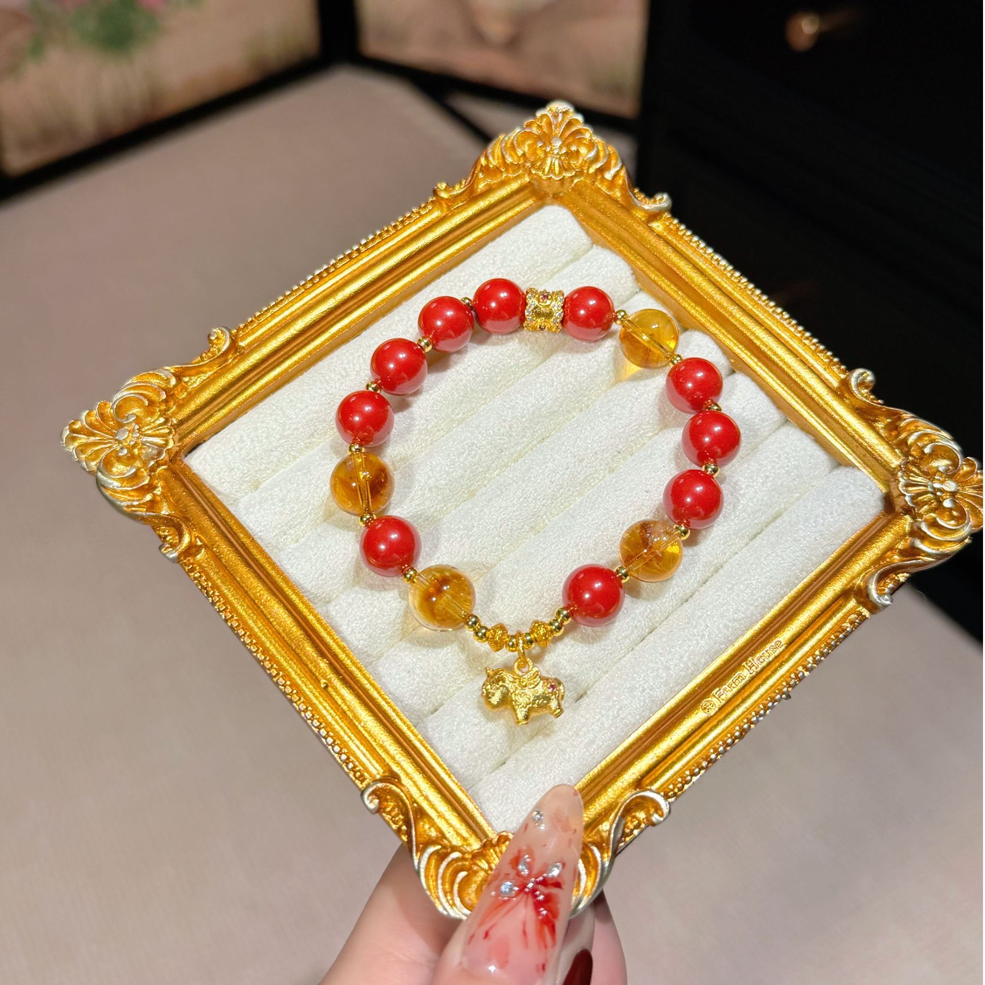 含辰砂工艺品【马上有钱小咪版】高含量帝王朱砂+黄塔晶手串 马年