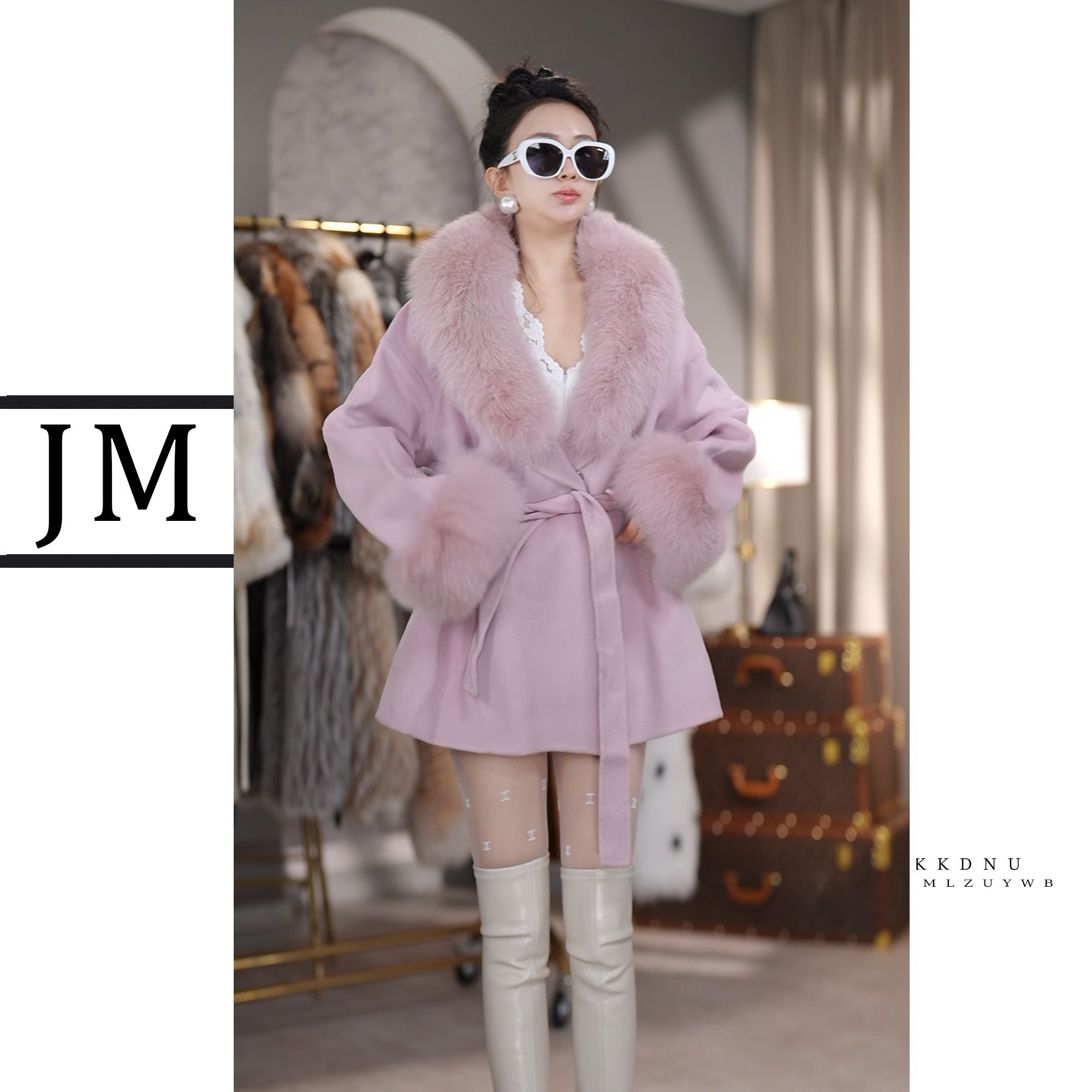 薰衣草秋冬新款大狐狸毛领羊绒大衣修身外套