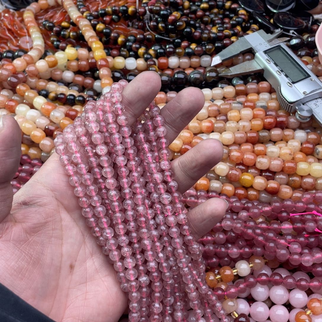 玛瑙/玉髓珠宝半成品未镶嵌一条装6.6mm左右草莓晶圆珠