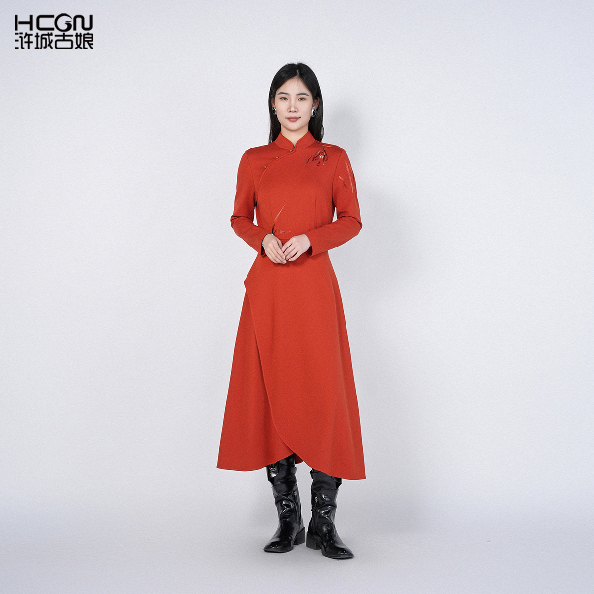 中国风修身显瘦精致刺绣花立领长袖女时尚兰心连衣裙HASS010028