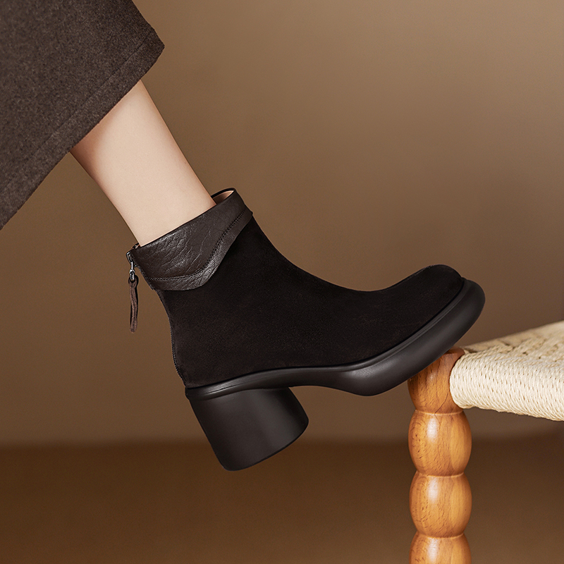 羊皮7cm超轻巨软厚底防水台短靴女宽胖脚圆头真皮黑色瘦瘦靴百搭