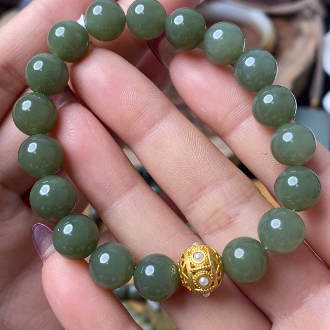 和田玉青黄口手串卡10mm未镶嵌