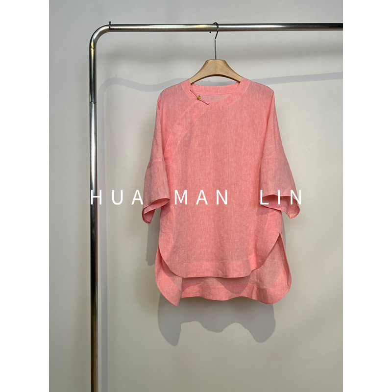 【花满林】圆领斜门襟前短后长异色汉麻七分袖上衣259343