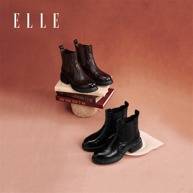 ELLE羊皮短靴女士粗跟2025新款秋季切尔西女靴厚底超火马丁靴