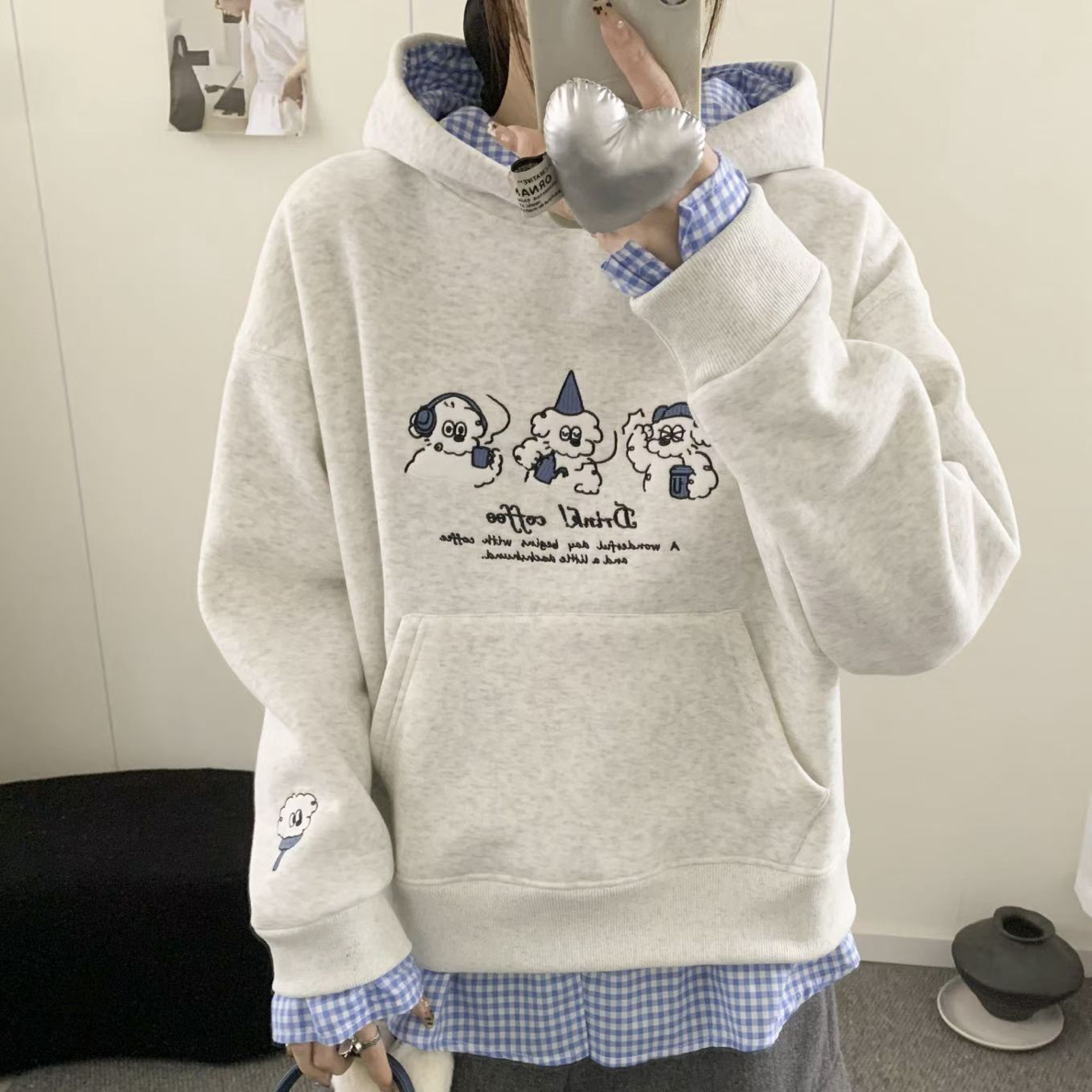 25冬季新款加绒加厚咖啡狗假两件连帽卫衣韩版宽松百搭上衣卫衣